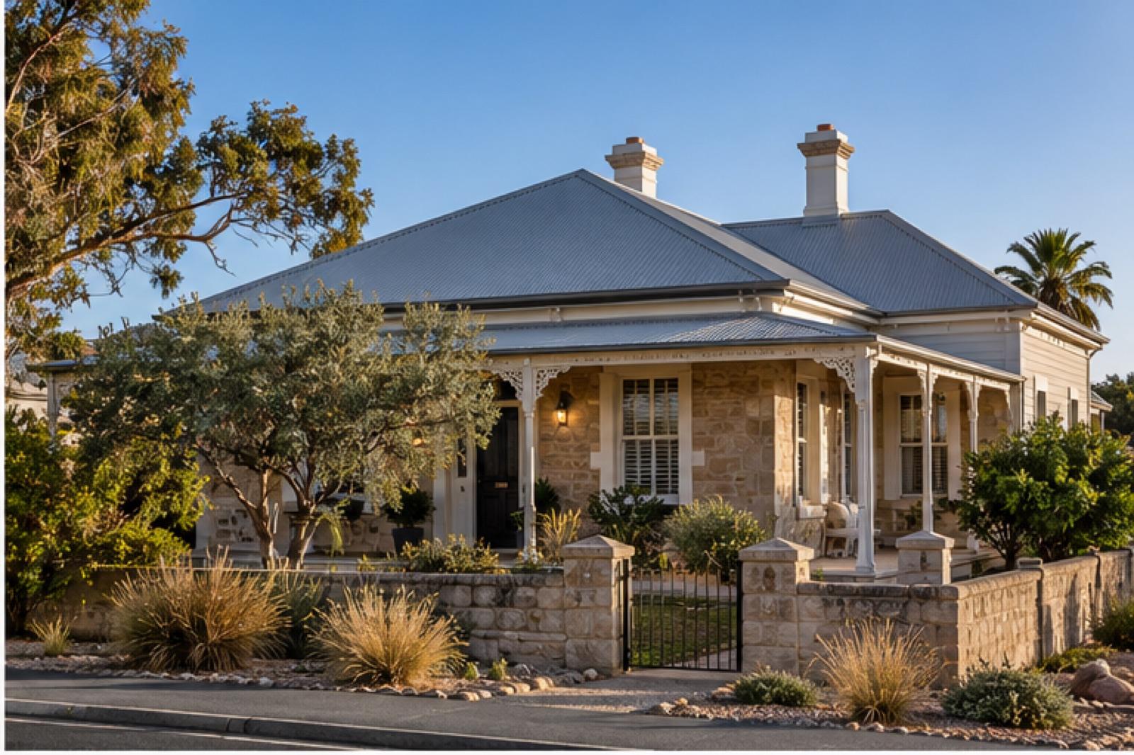 A sandstone villa with a bullnose verandah, cast-iron lacework and a low stone front wall, seen from the street in late afternoon light.